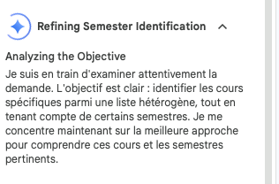 A clean digital interface snippet. A bold title 'Refining Semester Identification' with a light blue sparkle icon and expand arrow sits above 'Analyzing the Objective' and a detailed French paragraph on a white background. A grey scrollbar peeks on the right.